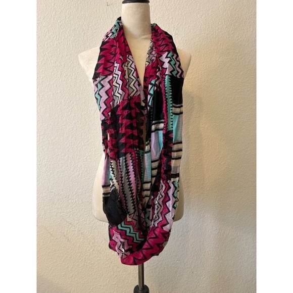 Chevron Navy, Pink, Teal, Gray, & White Infinity Scarf 35"‎ x 37"  Lightweight - Picture 3 of 4
